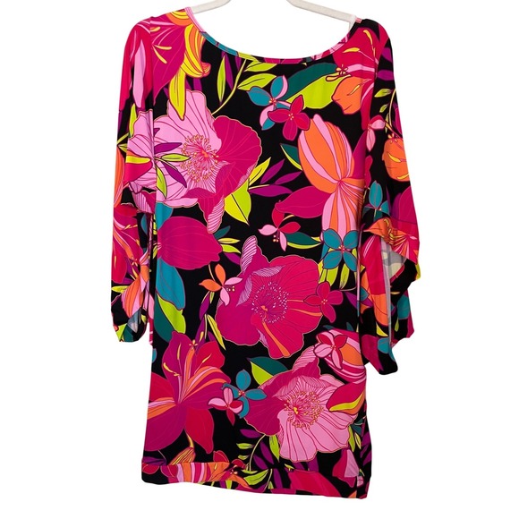 Trina Turk Size L Kaftan Cover Up Dress Tropical Floral Print Black Bright